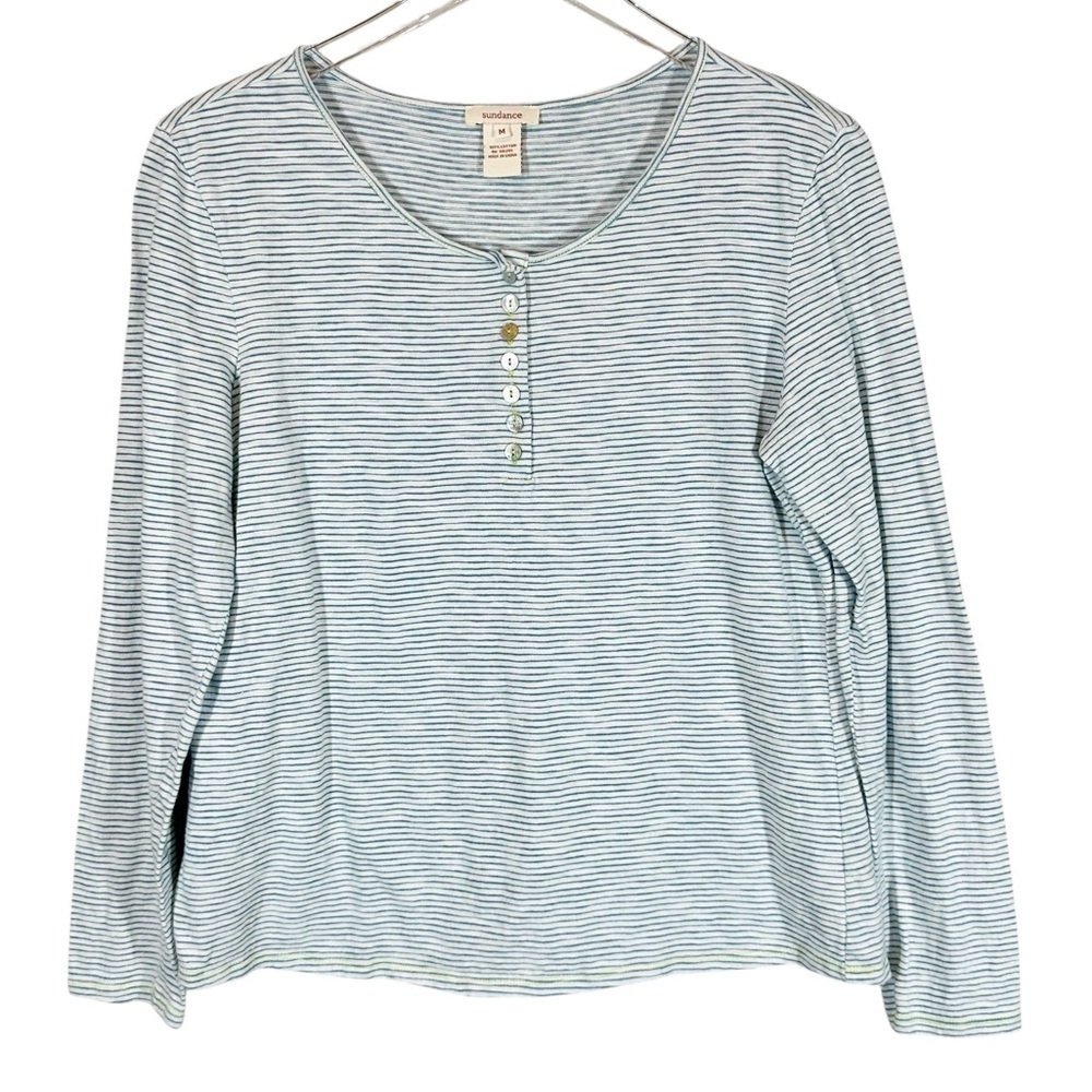 SUNDANCE Women's Medium Teal & White Striped Lightweight Henley